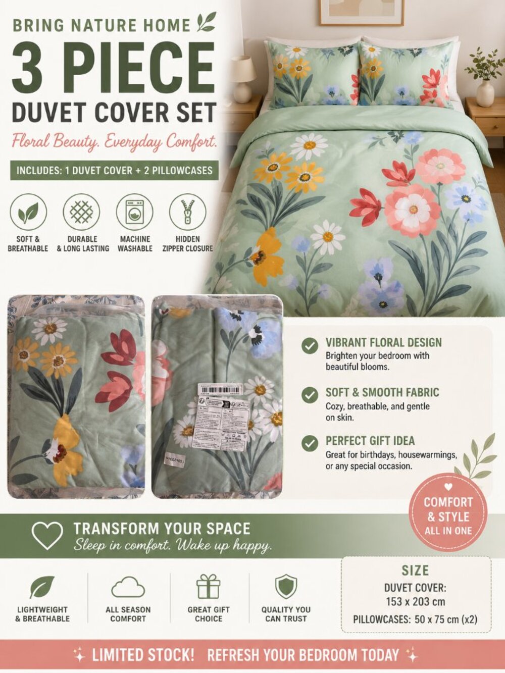 Floral Queen Duvet Cover Set Green Botanical Bedding 3 Piece Soft Lightweight